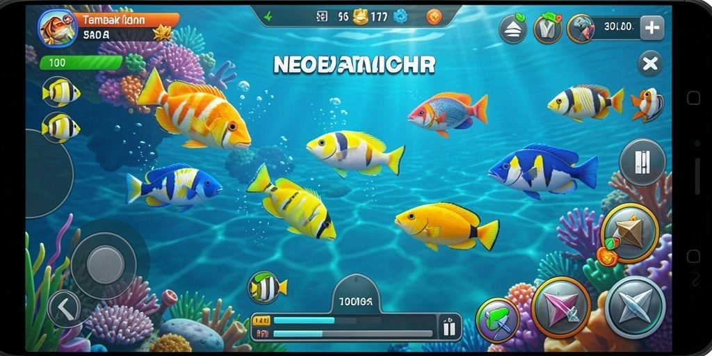 Tampilan gameplay seru dalam NEOPARTY dengan berbagai ikan yang bisa ditembak.