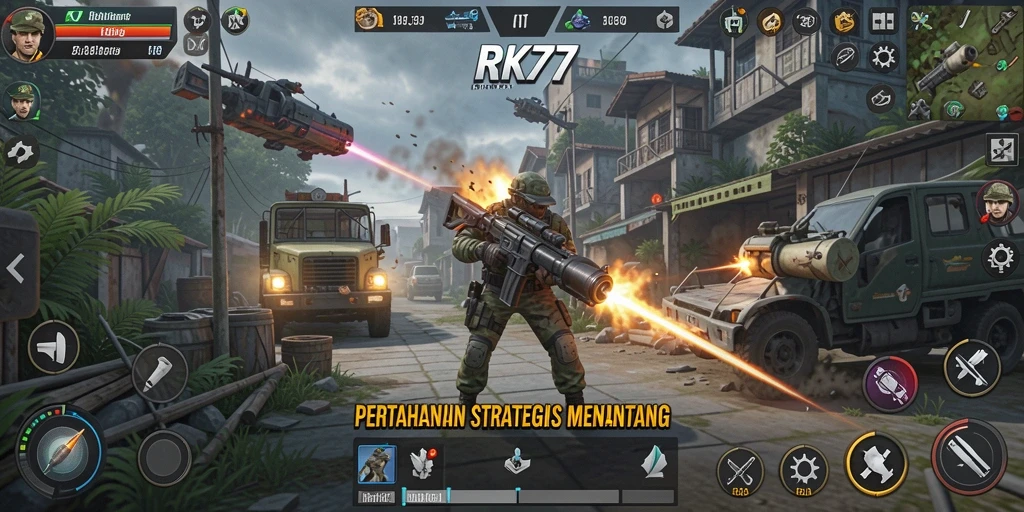 Tangkapan layar menampilkan gameplay seru di RK77 dengan menara dan musuh.